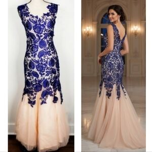 Nox Anabel Blue Crochet Lace & Nude Tulle Maxi Mermaid Trumpet Gown Prom Dress S